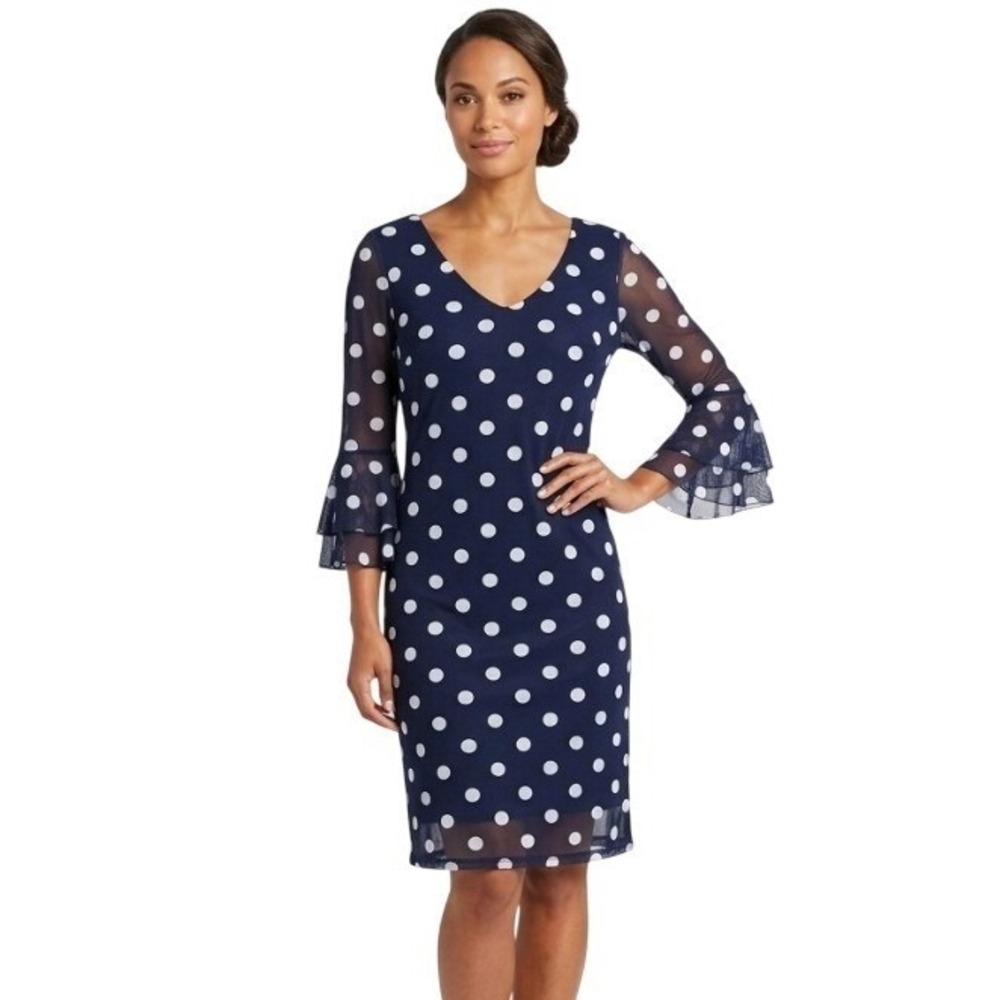 Allison Brittney Dress Womens Medium Blue Polka Dot Mesh Bell Sleeve Shift Lined